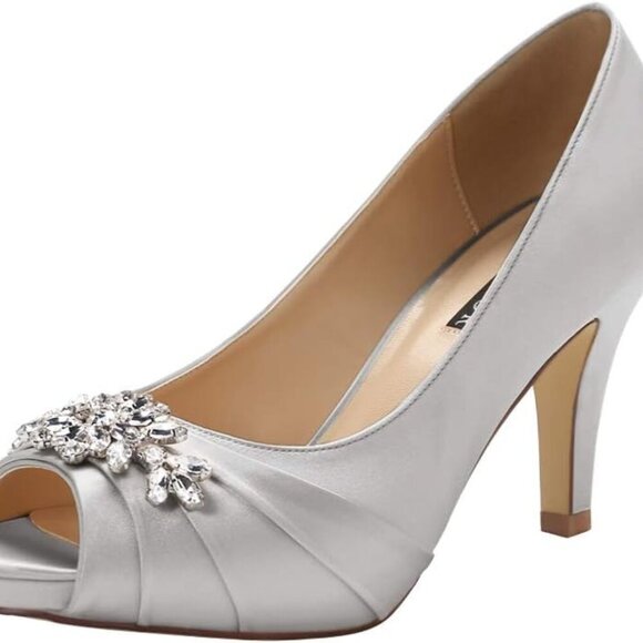 Peep Toe Mid Heel Shoes Satin Silver 6.5 Wedding Prom Evening Dress - Picture 1 of 6